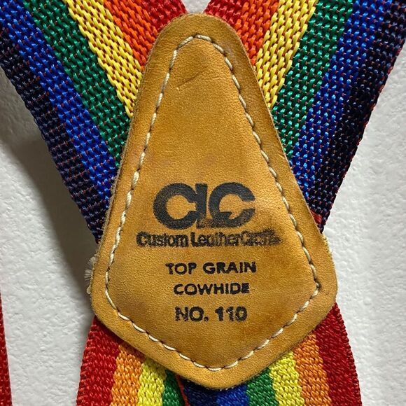 Vintage 80s Rainbow Suspenders 110 Leather Back Metal Clips Pridecore Punk Retro - Picture 3 of 8
